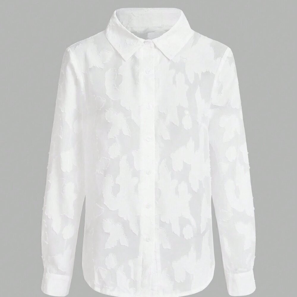 White Casual Women's Jacquard Button Front Solid Long Sleeve Shirt - Picture 2 of 6
